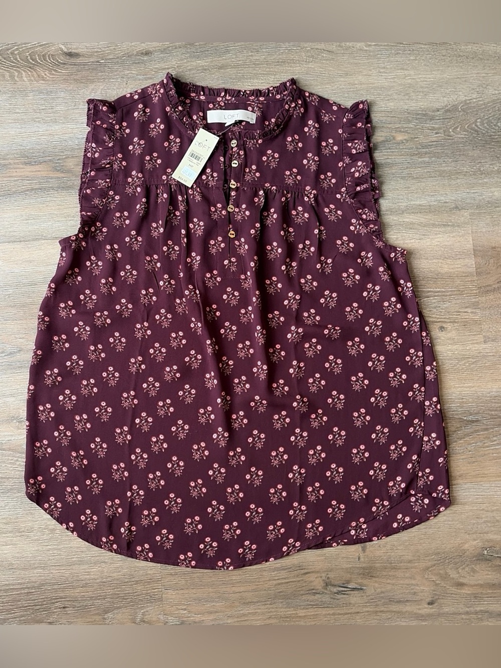 LOFT Burgundy Floral Ruffle Sleeveless Blouse